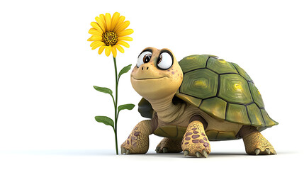 A cartoon turtle is standing next to a yellow flower. generated using AI
