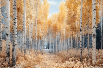 Obraz premium Colorful autumn forest with golden leaves under a serene sky