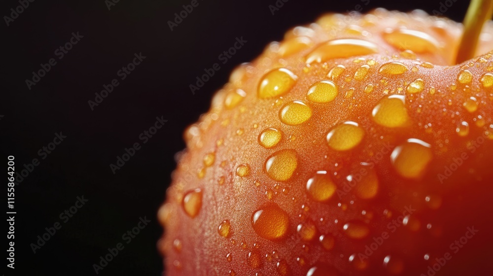 Poster fresh apricot close up with water droplets on dark background featuring empty space for text and des