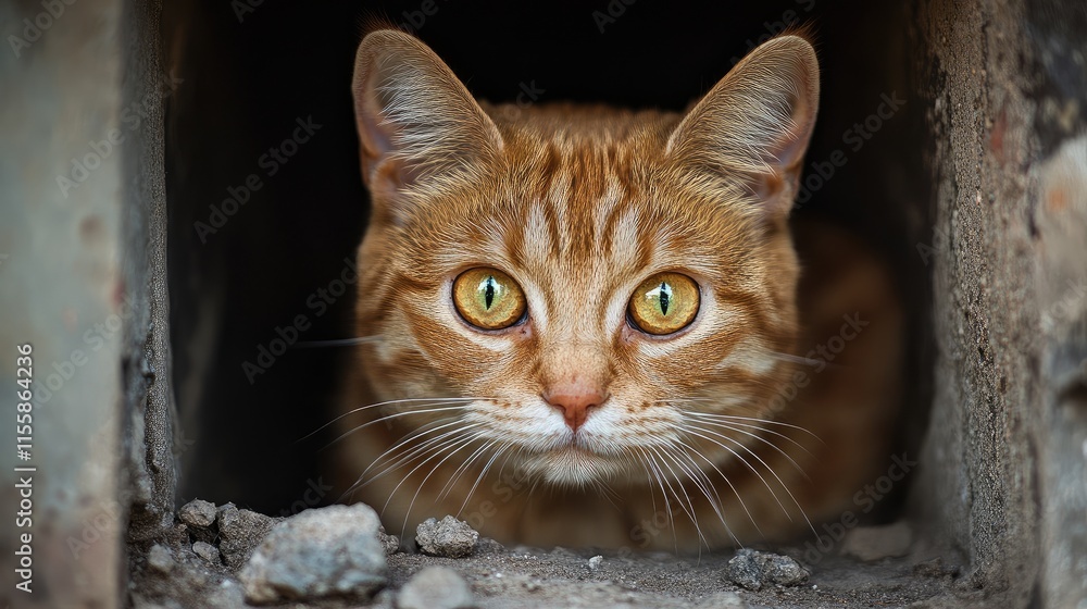 Poster close up portrait of a ginger tabby cat curiously peeking from a concealed space with room for text 