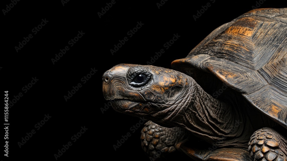 Poster close up portrait of an ancient tortoise showcasing intricate textures against a dark background wit