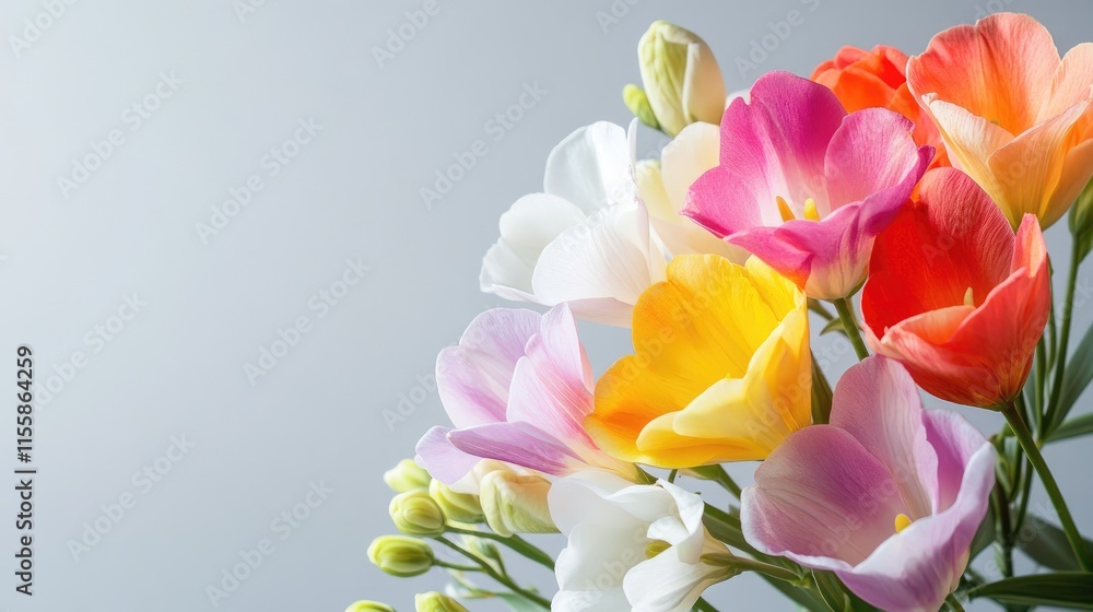 Poster freesia bouquet close up in vertical frame with beautiful colors and blank space for text or design 