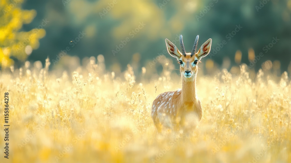 Poster portrait of gazelle in summer field with blurred background and empty space for text ideal for natur