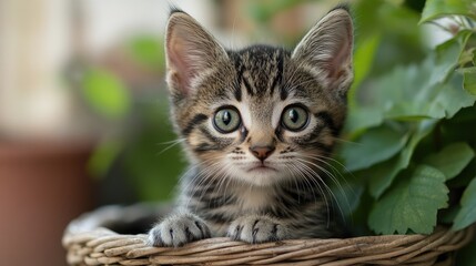 Cute Tabby Kitten with Big Eyes Looking Curiously from a Basket Surrounded by Greenery Ideal for Pet Related Designs