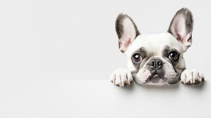 Fototapeta premium French Bulldog resting with paws on a blank surface adorable pet portrait with space for text ideal for marketing and design projects
