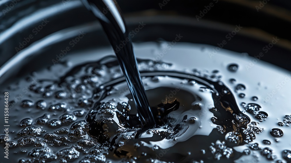Poster close up of thick viscous obsidian liquid showcasing unique texture with bubbles and space for text 