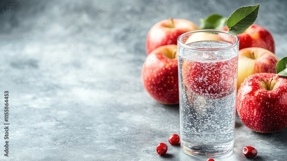 Poster fresh red apples with sparkling water on gray background healthy diet concept with empty copy space 