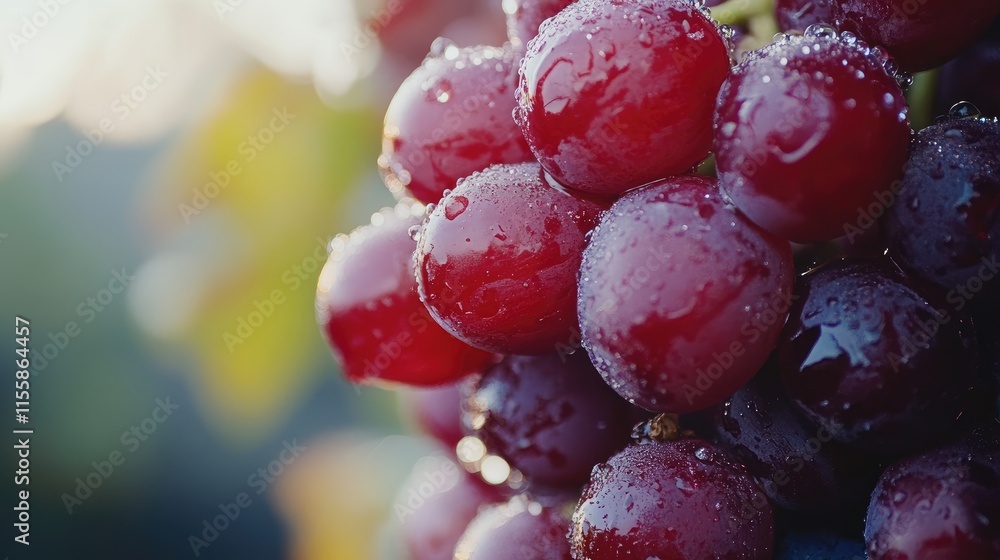 Poster fresh red grapes glistening with dew on bunches with soft focus background and space for text or bra