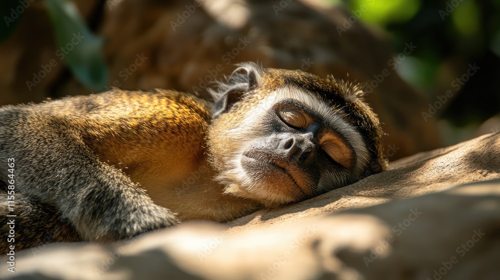 Poster bongo monkey peacefully resting in the shade with soft natural light and ample space for adding text