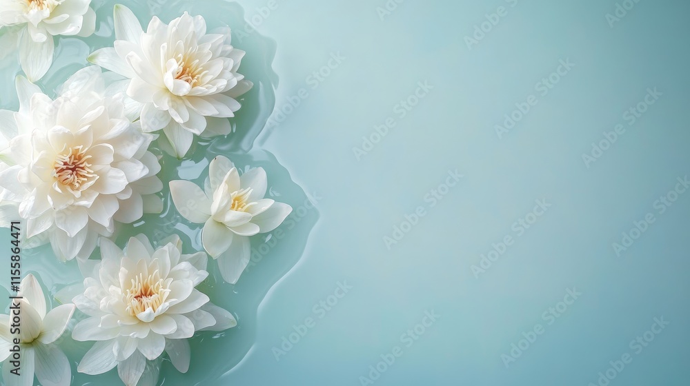 Aufkleber elegant white water lilies floating on a calm summer pond with soft aqua background and space for te