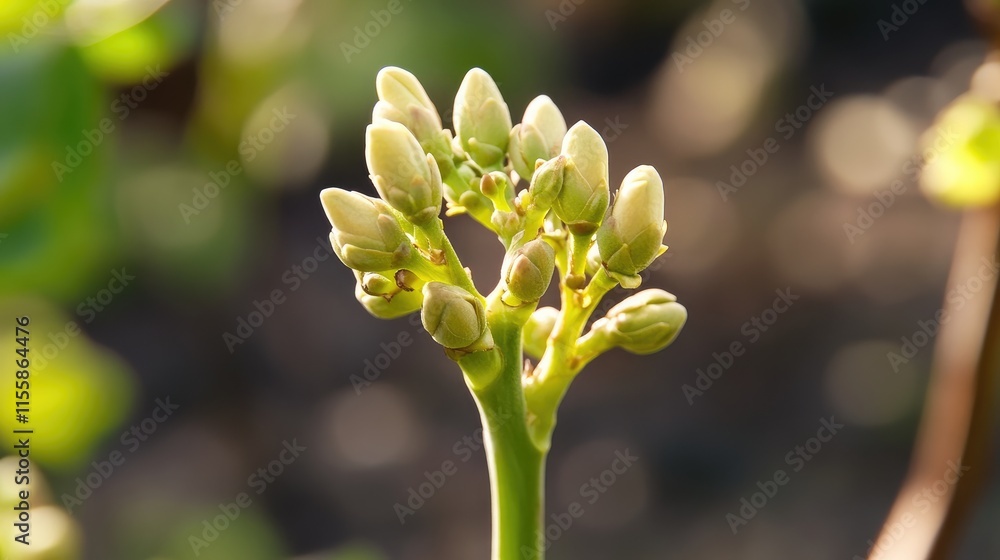 Poster close up of budding moringa tree bloom in botanical garden with empty space for text and nature back