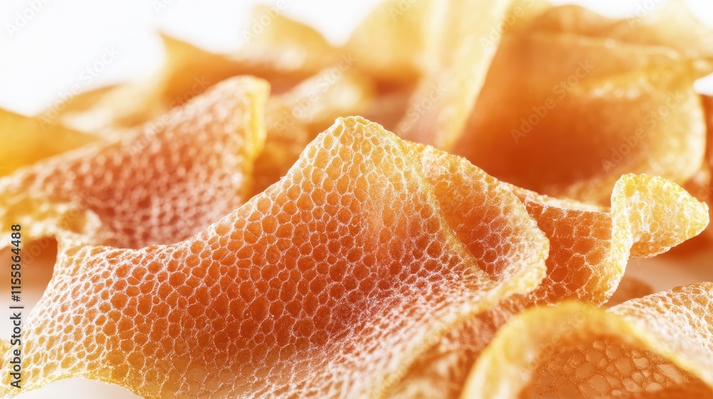 Poster close-up of dried orange peels showcasing texture and color isolated on white background with ample 