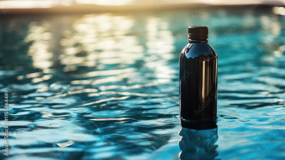 Poster black water bottle floating in shimmering pool water on a sunny summer day with empty space for text
