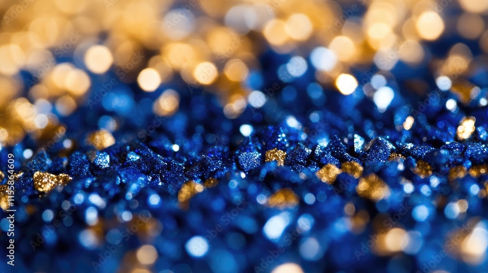 Poster blue and gold glittery background with a blurred effect and ample space for customizable text or des