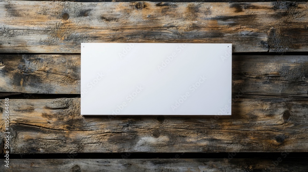 Aufkleber close up of a blank white sign on rustic wooden background with ample empty space for personalized t