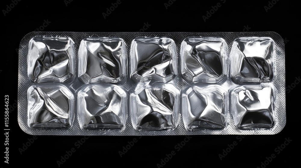 Poster close up of a blister pack with ten capsules showcasing details and texture against a black backgrou