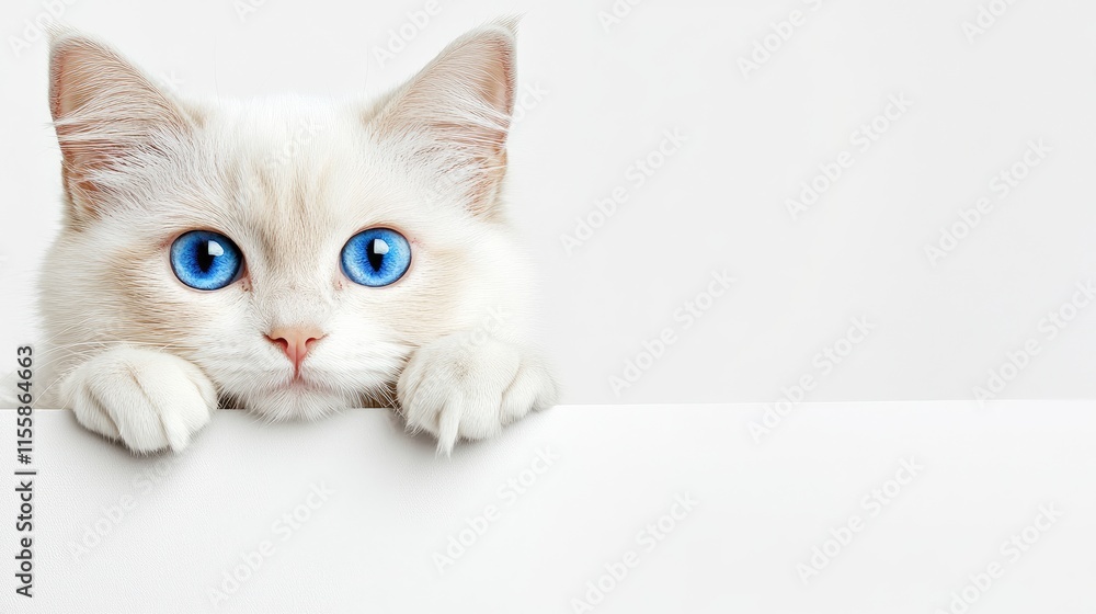 Poster close up of a fluffy white cat with striking blue eyes and paws resting on a clean white surface wit