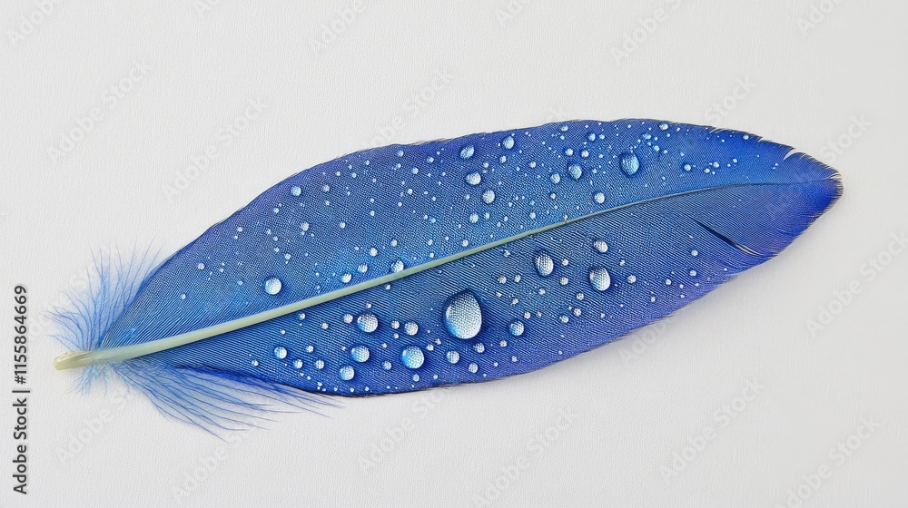 Poster blue feather adorned with water droplets on a soft background featuring ample blank space for text o