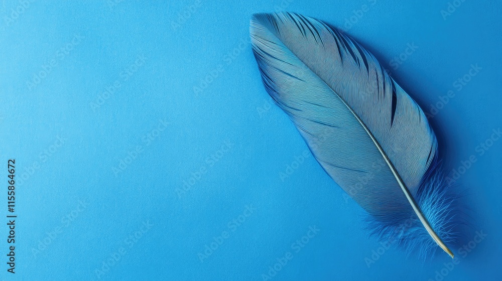 Poster close up of a delicate blue feather showcasing intricate textures on a vibrant blue background ideal