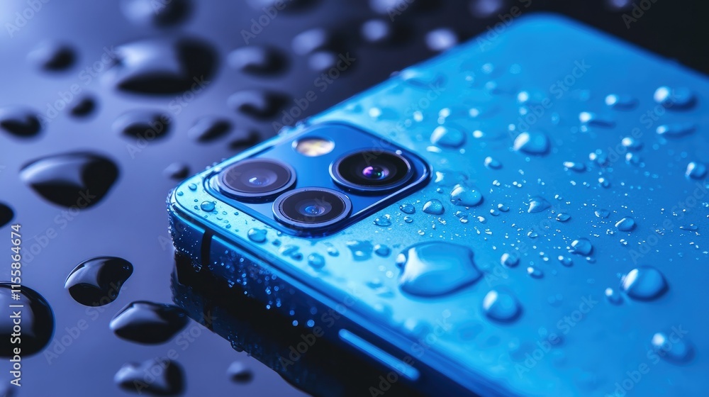 Aufkleber blue smartphone covered in water droplets on a dark surface with empty space for text or branding in