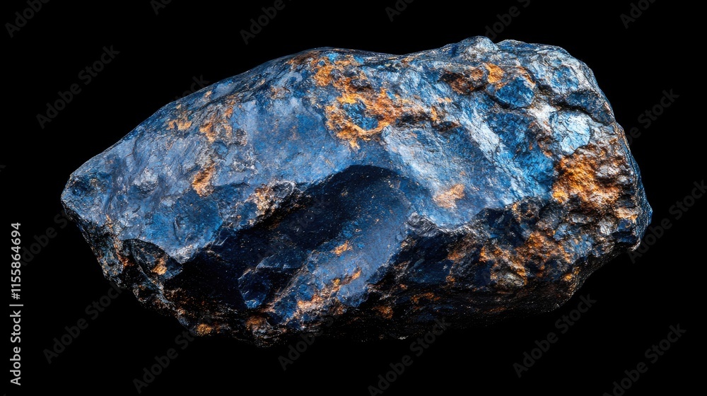 Poster close up of a detailed blue rusty meteorite displaying unique textures against a black background wi