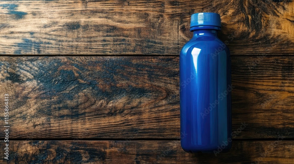 Poster close up of a blue plastic water bottle on rustic wooden background with ample empty space for text 