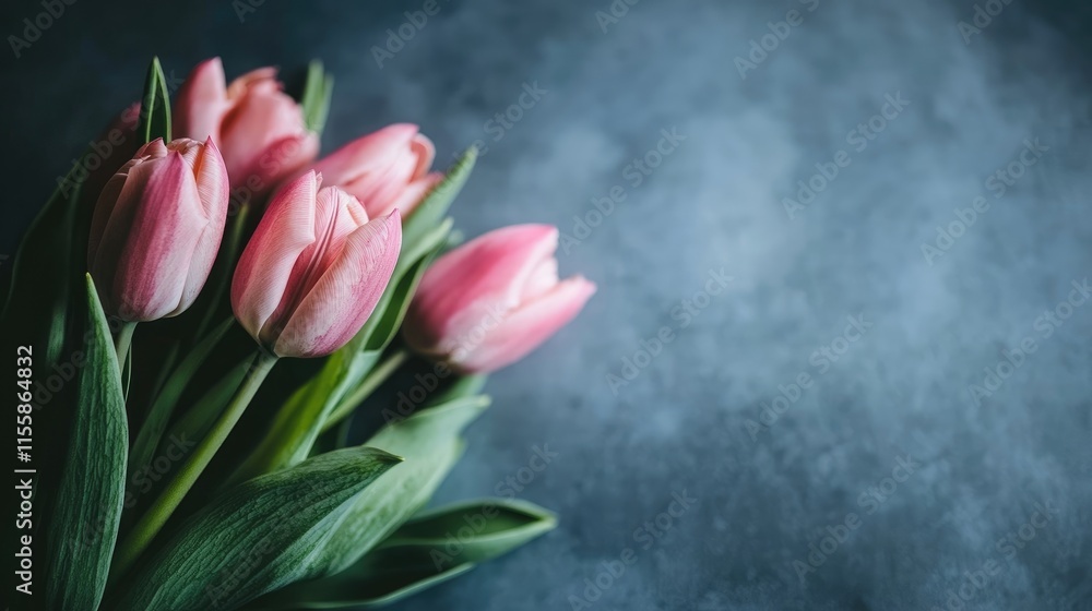 Poster bouquet of delicate pink tulips on a textured background with ample copy space for creative text or 