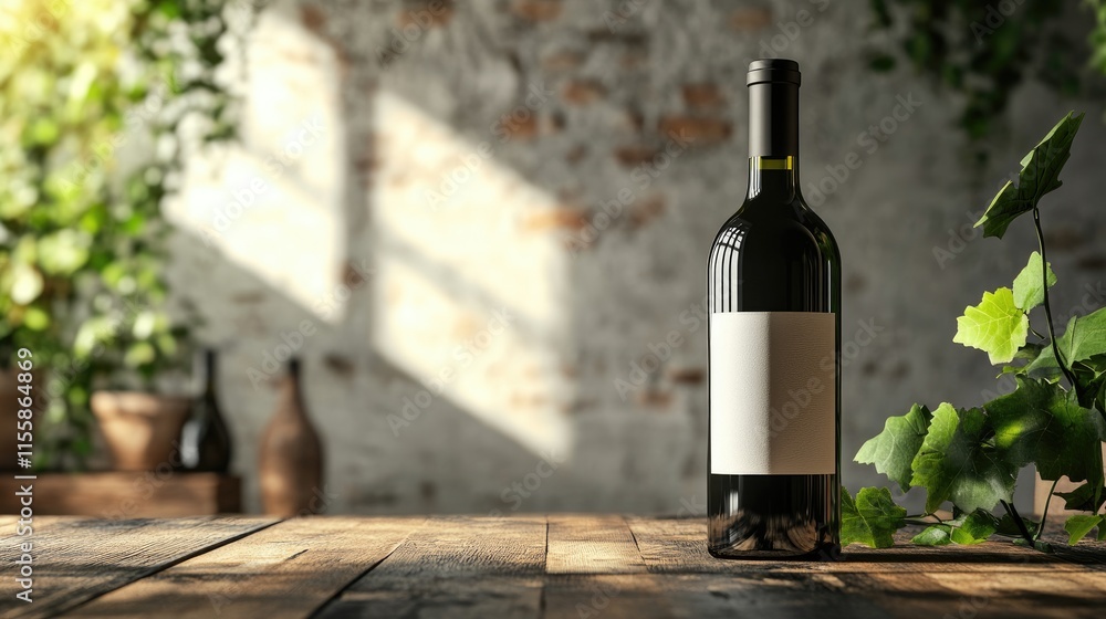 Poster elegant wine bottle in a rustic wine cellar with natural light and empty space for text, perfect for