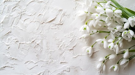 Close up of fresh snowdrop flowers on a textured white background with ample copy space for elegant text or announcements