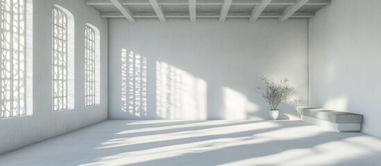 Fototapeta premium Modern Minimalist Office Interior Design with Natural Light and Decorative Elements for Creative Space Promotion and Text Placement