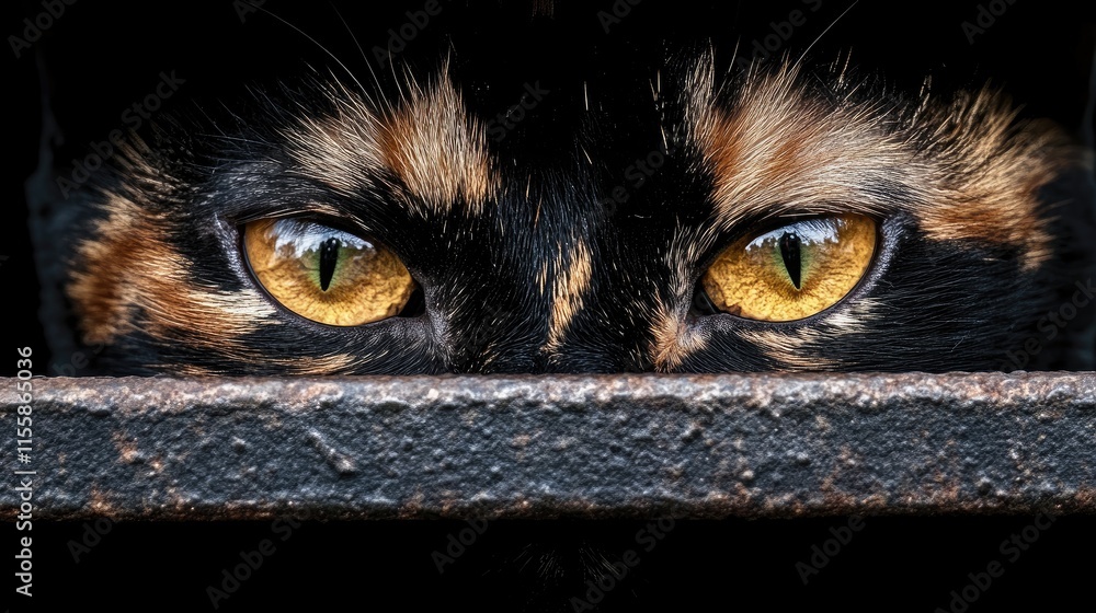 Poster close up of a tortoiseshell cat's face with striking eyes peeking through an iron barrier highlighti
