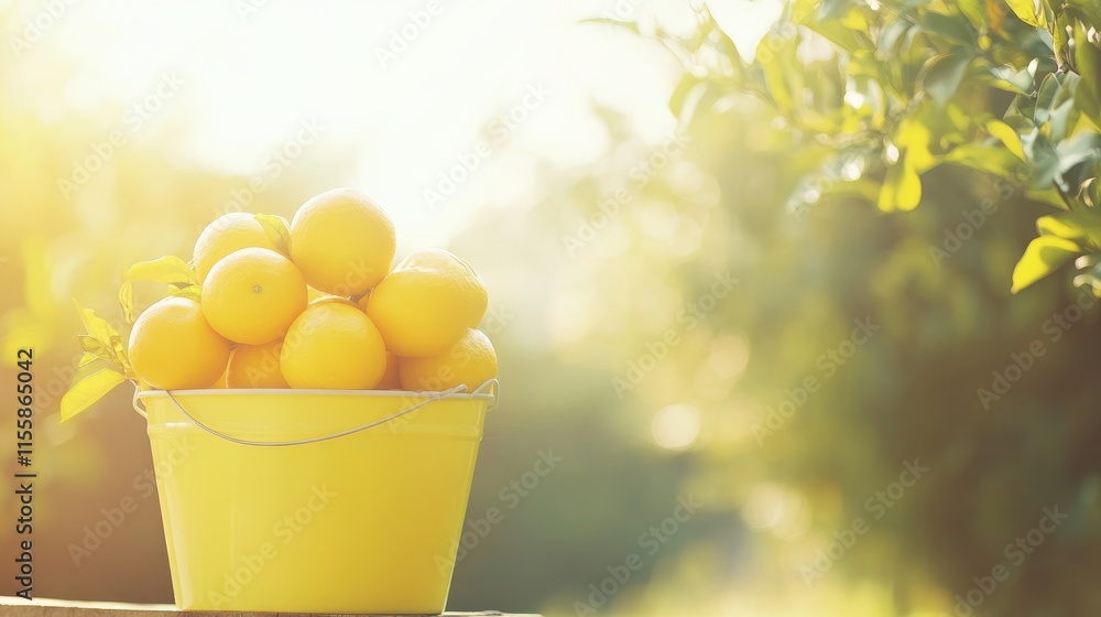 Poster close up of a yellow bucket filled with fresh oranges bathed in soft morning light with a nature bac