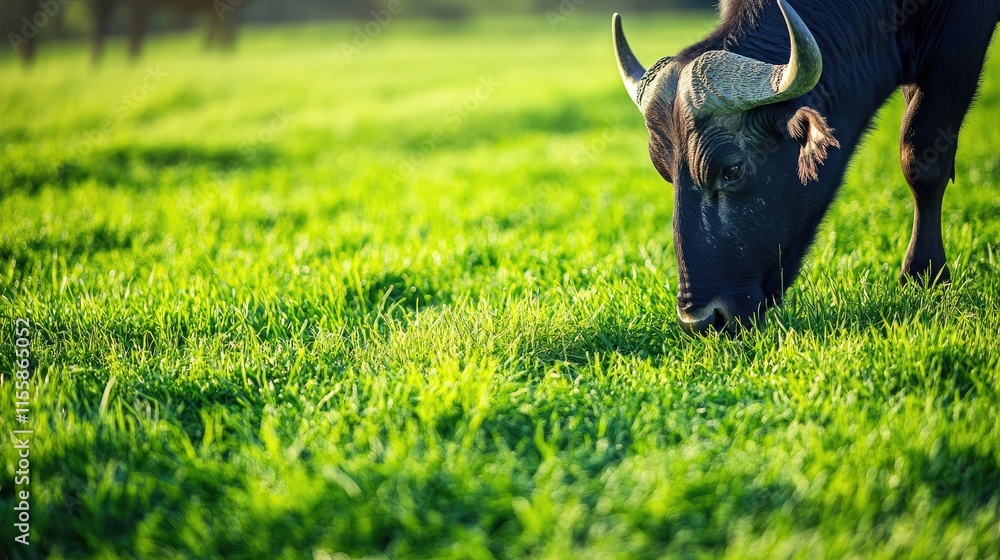Poster buffalo grazing in a lush green field with ample empty space for text and advertising purposes ideal