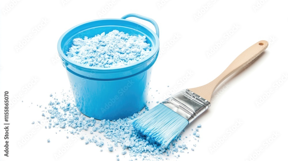 Poster close up of a paintbrush and a bucket filled with blue paint particles on a white background for cre