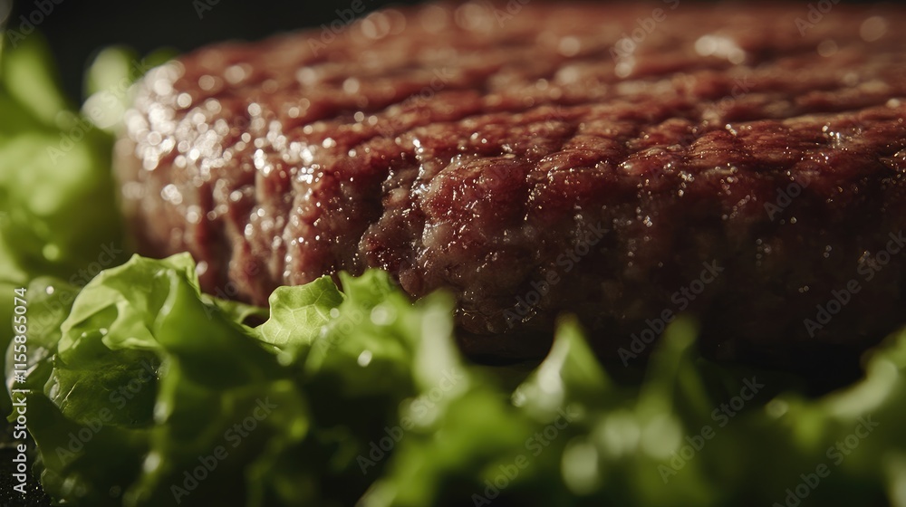 Poster close up of a fresh burger patty resting on crisp lettuce with ample empty space for customizable te