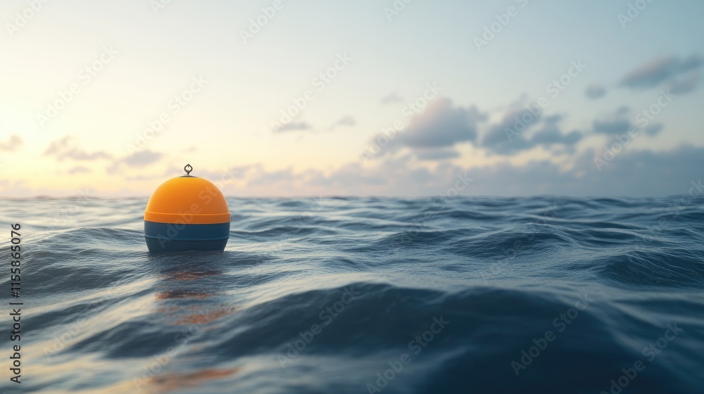 Poster close up of a vibrant buoy floating peacefully in calm sea waters with serene sky and ample empty sp