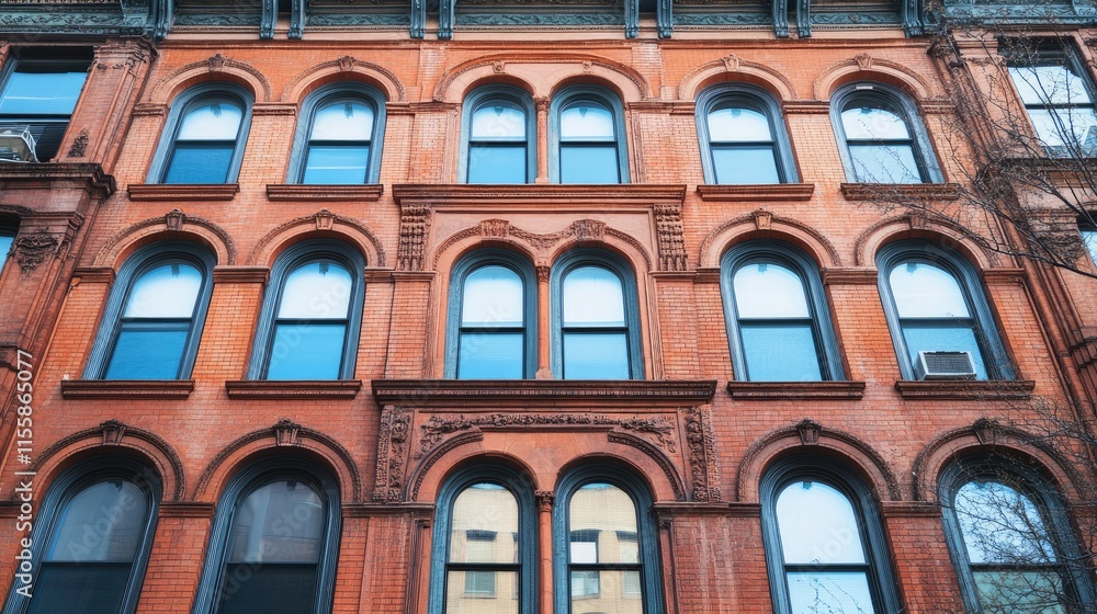 Poster close up of a historic brick building with multiple windows showcasing architectural details and amp