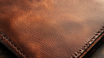 Elegant close up of a vintage brown leather menu cover showcasing texture and empty space for personalized text or branding elements