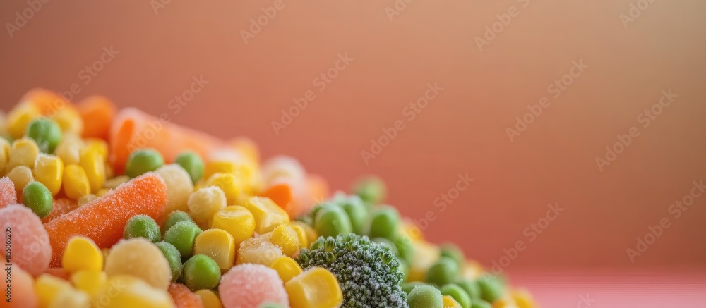 Poster close up of a colorful assortment of frozen vegetables with empty space for text ideal for healthy f