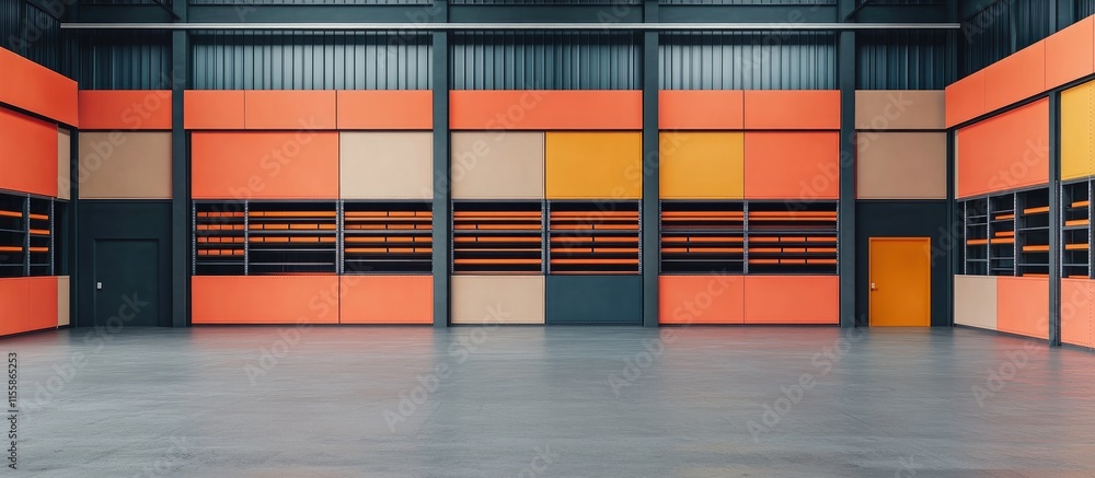 Aufkleber 3d warehouse inventory system with organized shelves and empty copyspace for text or graphics displa