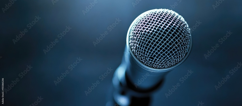 Poster professional microphone close up in studio setting with attractive blurred background and ample spac