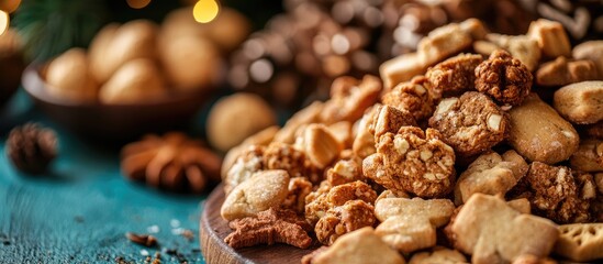 Obraz premium Close up of assorted Dutch Christmas cookies with festive decorations and empty space for text showcasing traditional holiday treats