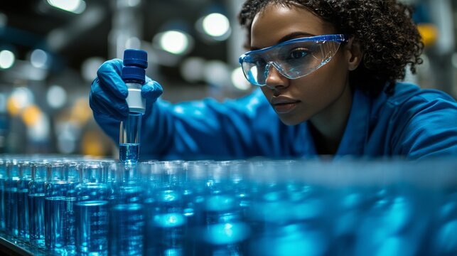 Scientist conducting research in modern laboratory with glass test tubes and focus on precision