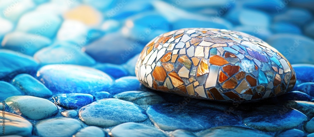 Poster close up of a vibrant micromosaic rock on blue pebbles showcasing intricate textures and colors with