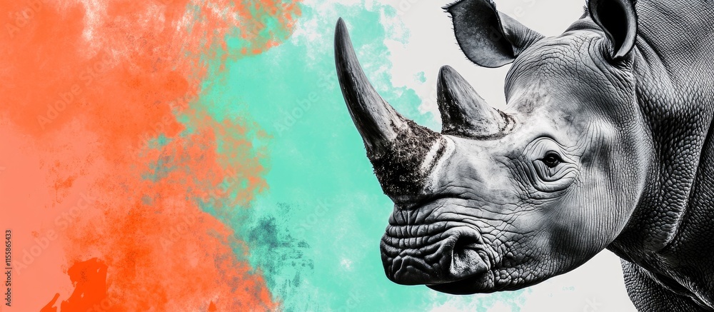 Poster close up of a rhinoceros in nature with vibrant colors and empty space ideal for adding text or prom