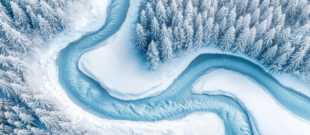 Poster serene aerial view of a winding river surrounded by a snowy pine forest with ample space for text pl
