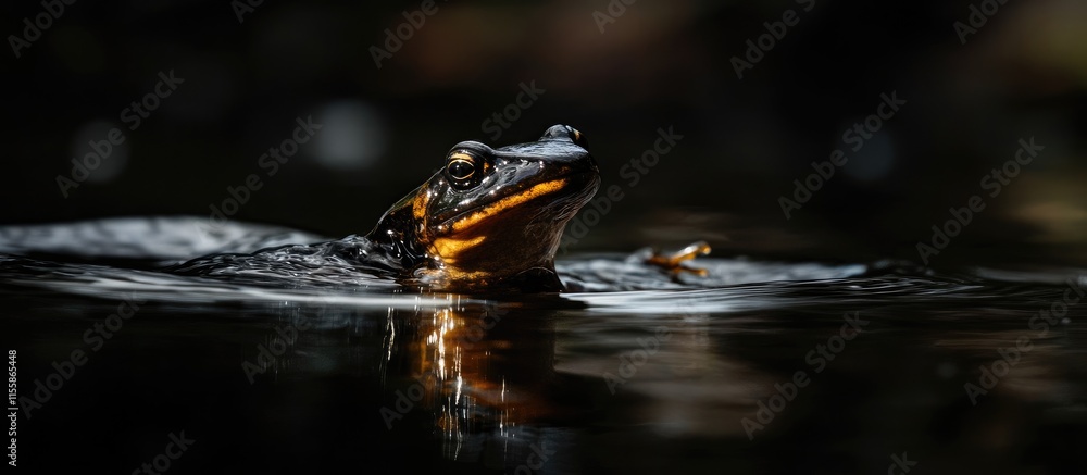 Poster close-up of a salamander swimming in river water with a dark background creating natural habitat and