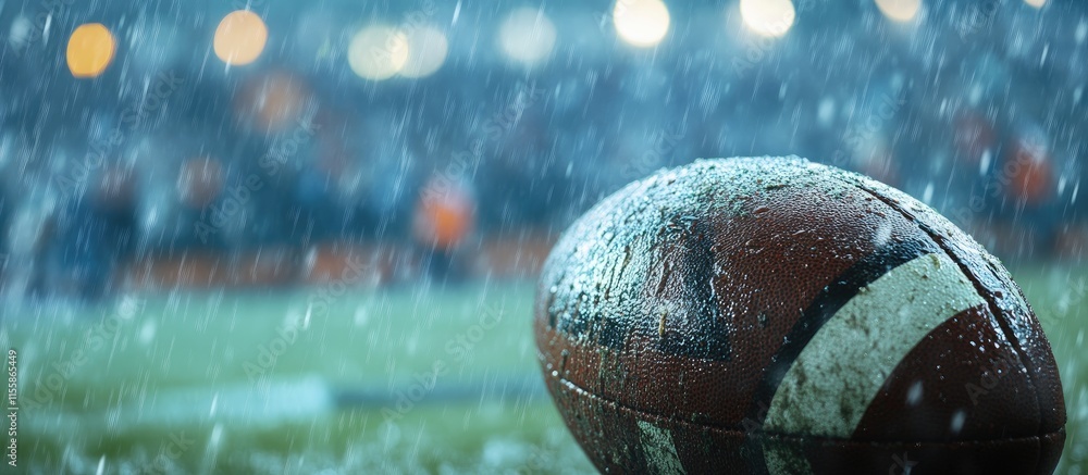 Poster close up of a wet rugby ball on the field with blurred spectators in the background creating an atmo