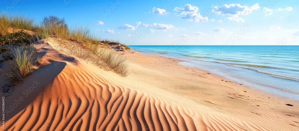 Poster sand dune landscape with ripples shadows by the ocean serene scene shallow depth of field ideal for 