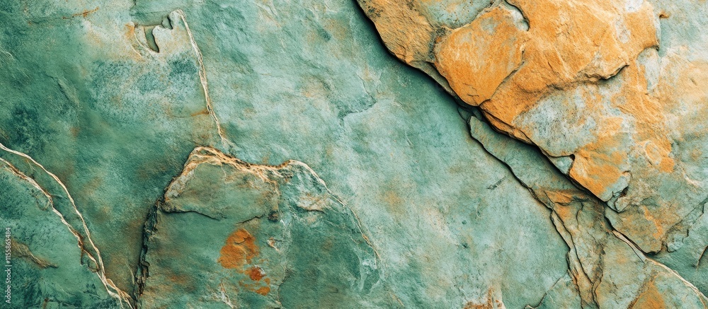 Poster texture of a rocky wall displaying light green and orange hues with original patterns and ample spac